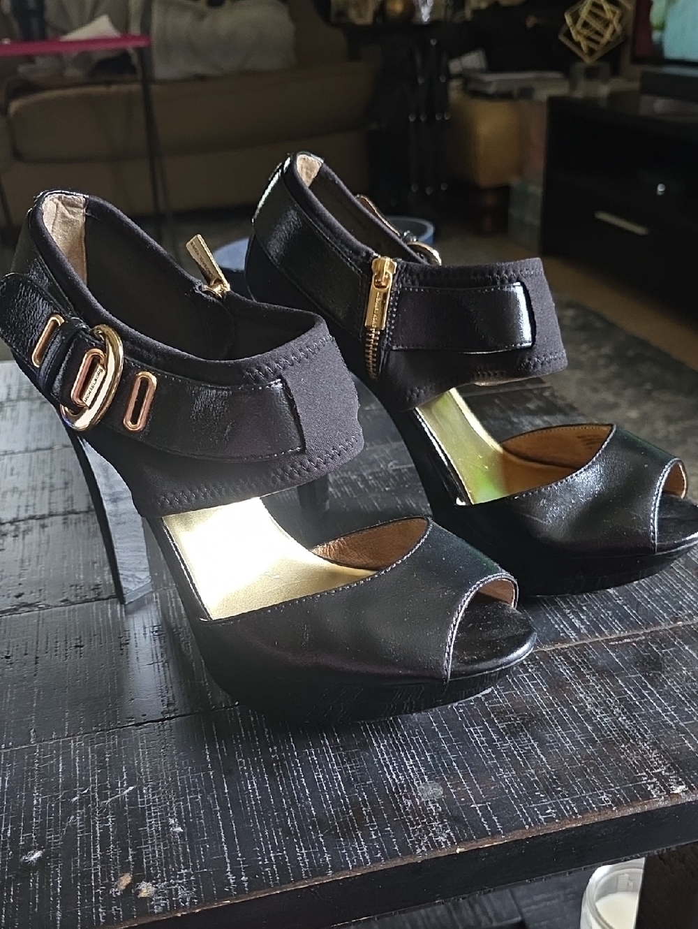 MICHAEL Michael Kors Black Peep-Toe High Heel Sandals with Gold Accents